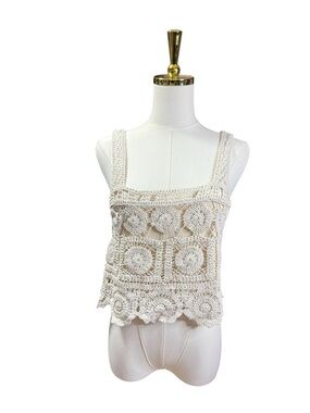 Rebellion Again Crochet Square Lined Crop Top - Cream Size S Festival